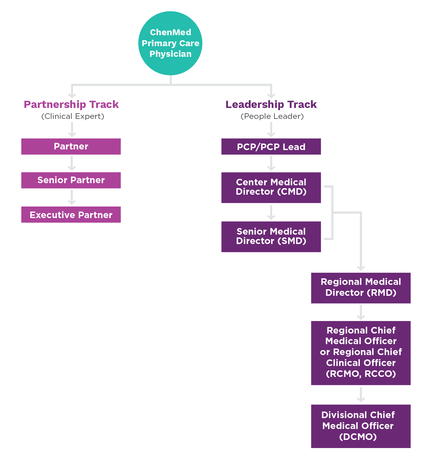 ChenMed Career Path, showing both the leadership and partnership tracks